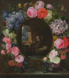 Äiti ja lapsi kukkien seppeleessä, 1829
